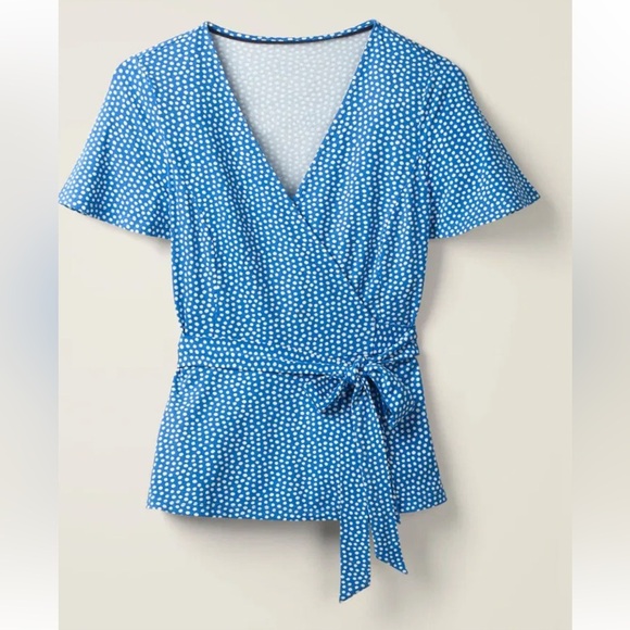 BODEN Women’s 6R Cassia Polka Dot True Wrap Tie Short Sleeve Top Blue - Picture 3 of 14